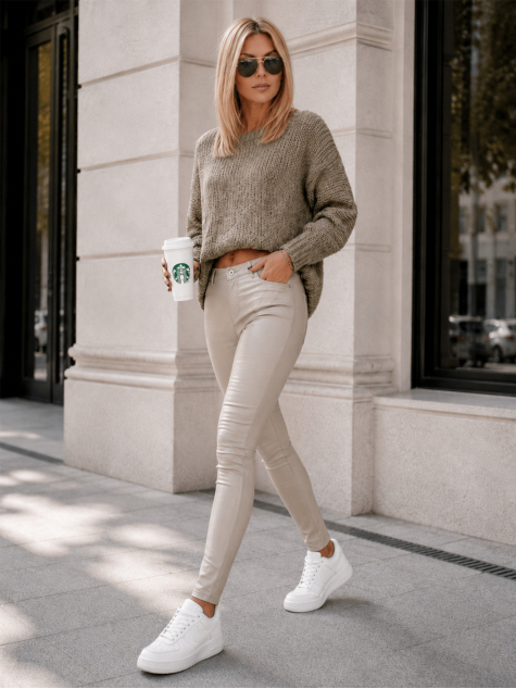 PANTALONI PIELE NETEDA CU TALIE INALTA BEJ