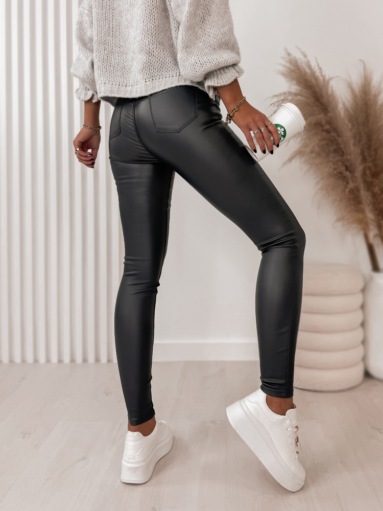 PANTALON CUIR LISSE AVEC TAILLE HAUTE GRAPHITE