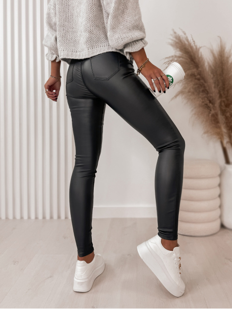 PANTALON CUIR LISSE AVEC TAILLE HAUTE GRAPHITE