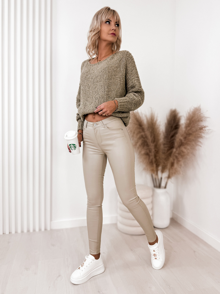 PANTALON CUIR LISSE AVEC TAILLE HAUTE BEIGE