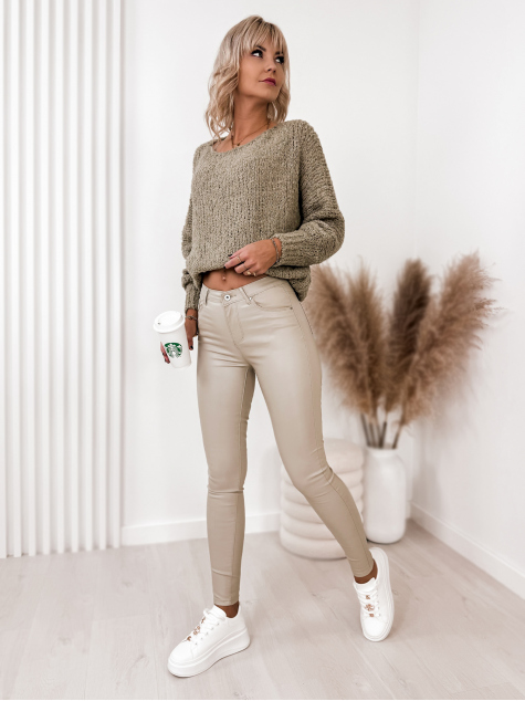 PANTALON CUIR LISSE AVEC TAILLE HAUTE BEIGE