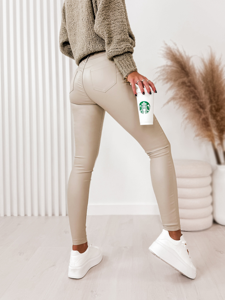 PANTALONI PIELE NETEDA CU TALIE INALTA BEJ